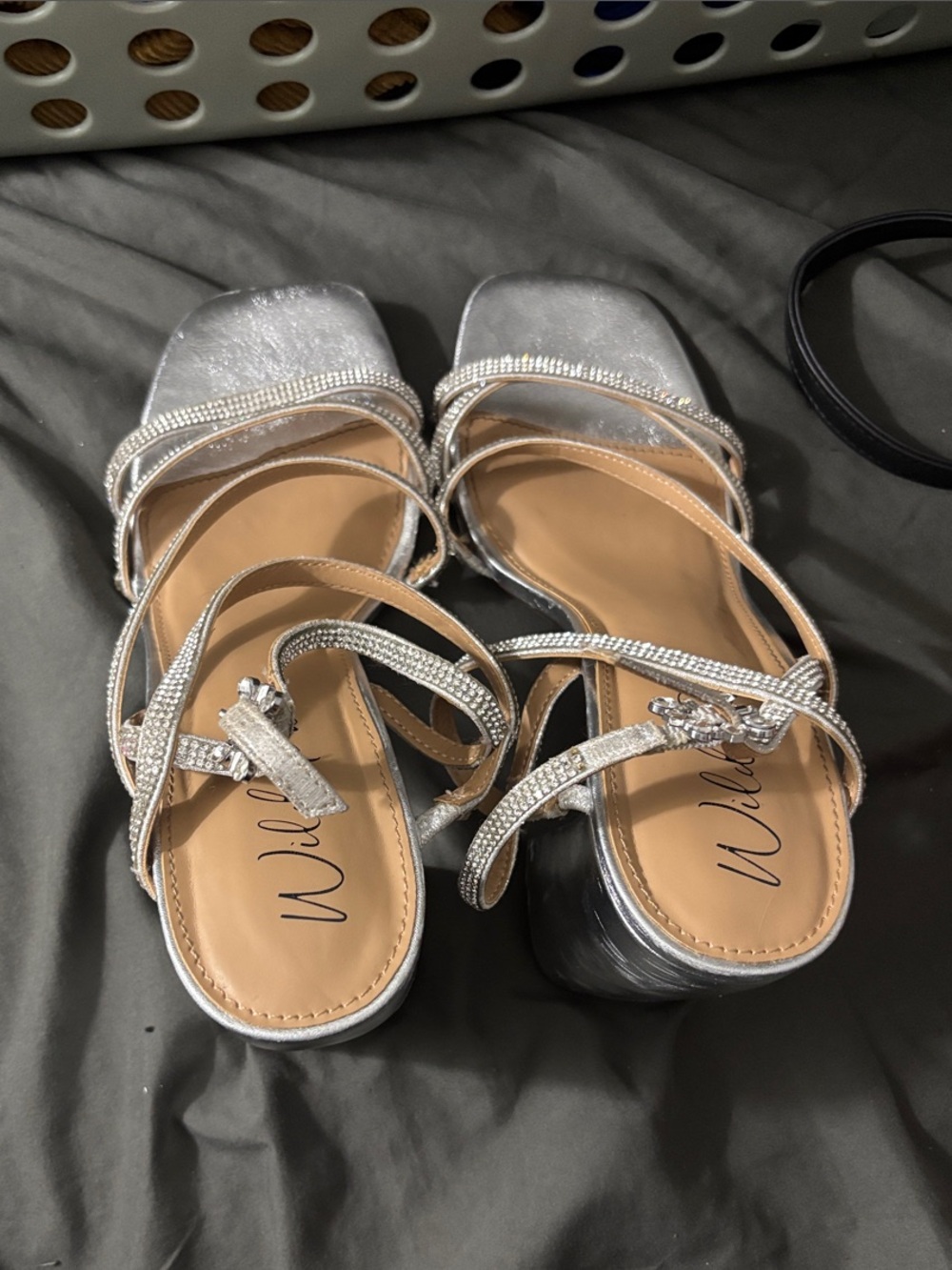 Wild Pair Silver Rhinestone Strappy Block Heels